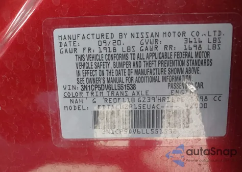 2020 Nissan Kicks Sr Xtronic Cvt из США, поврежденный, VIN 3N1CP5DV6LL551538